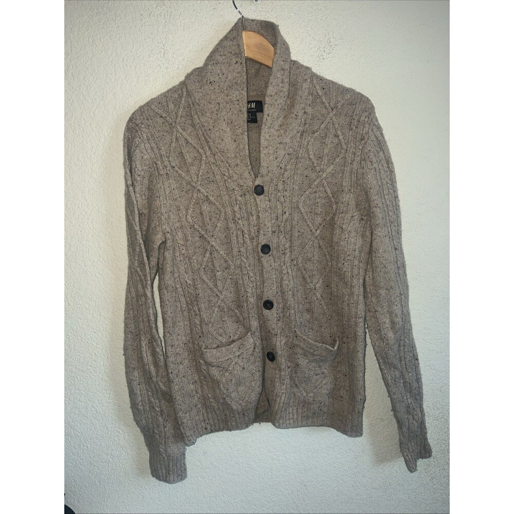 Fisherman sweater wool Cable Shawl Collar Cardigan Angora M Button Lagen prep